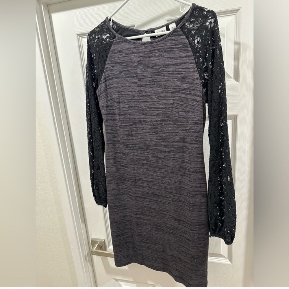 Cato Gray Sheath Dress with Lace Long Sleeves